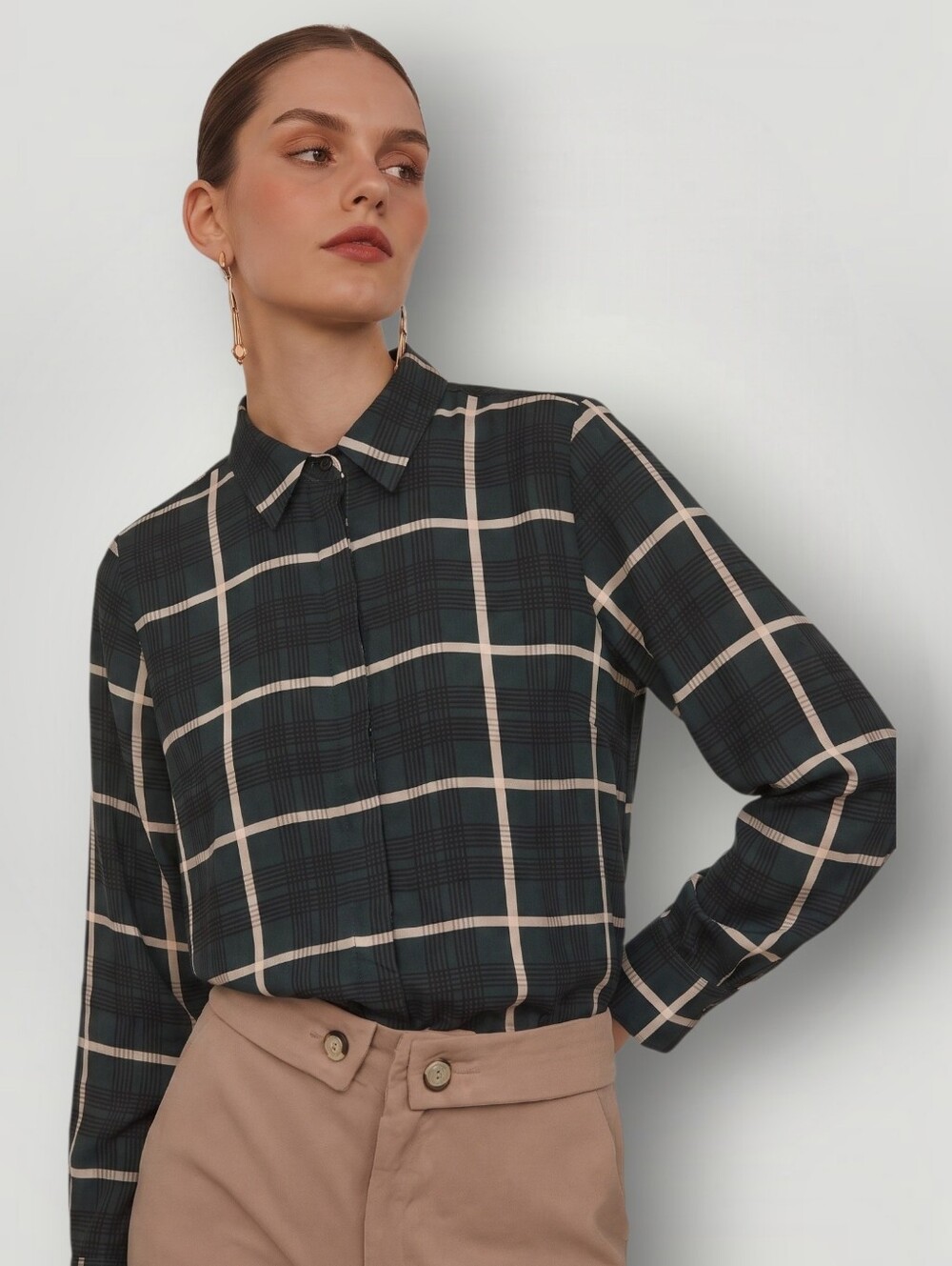 Ann Taylor Factory Windowpane Plaid Button Down Large Dark Academia Preppy New